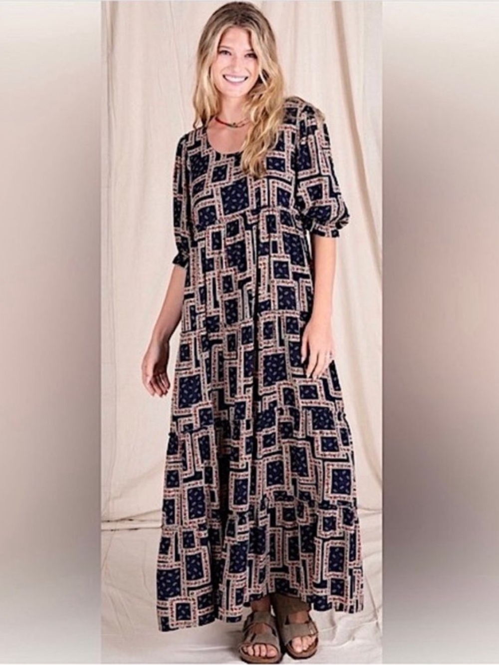 Natural Life Boho Cottagecore Mixed Floral Print Short Sleeve Maxi Dress• Small